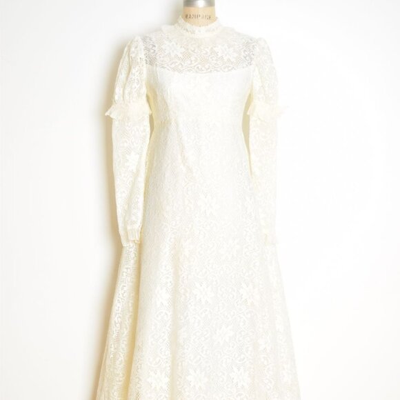 vintage 60s wedding dress cream crochet lace regency juliet gown puff sleeve S - Picture 3 of 11